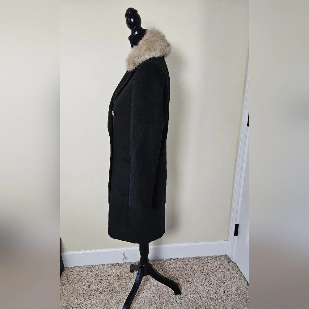 Topshop Nina Black Double-Breasted Slim Military Coat Faux Fur Collar Womens 4